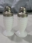 Vintage Milk Glass Salt & Pepper Shakers Set Ribbed 4" Footed Chrome Lids