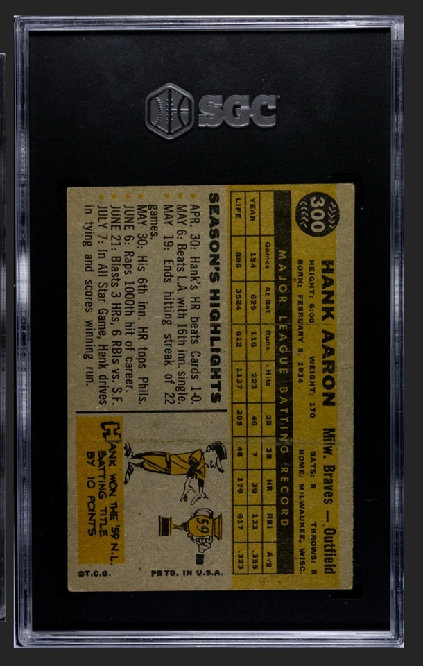 🔥🟥Hank Aaron🟦🔥 1960 Topps #300 SGC 5 EX Vintage HOF Braves Foto 2 de 4