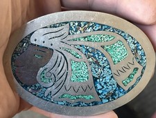 AZTEC MAYAN WARRIOR STONE INLAY BELT BUCKLE VINTAGE HANDMADE 1980s MEXICO 