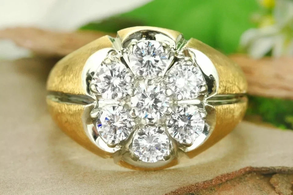 Men's 2 Ct Round Real Moissanite Cluster Wedding Ring 14k Yellow Gold Plated