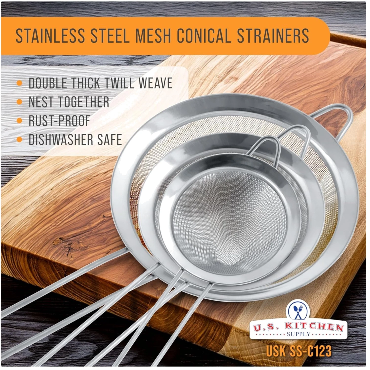 Stainless Steel Conical Strainers Set - 3 Sizes