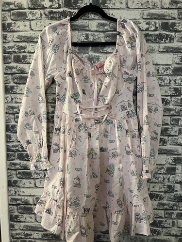Hot Topic Hello Kitty And Friends Holiday Pink Lace-Up Long-Sleeve Dress Size XS - 第 3/5 張圖片