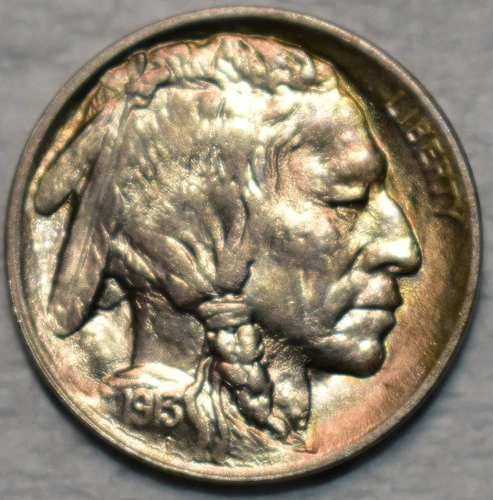 Uncirculated 1913-P Type 1 Buffalo Nickel, Blazing, Lightly Toned specimen.
