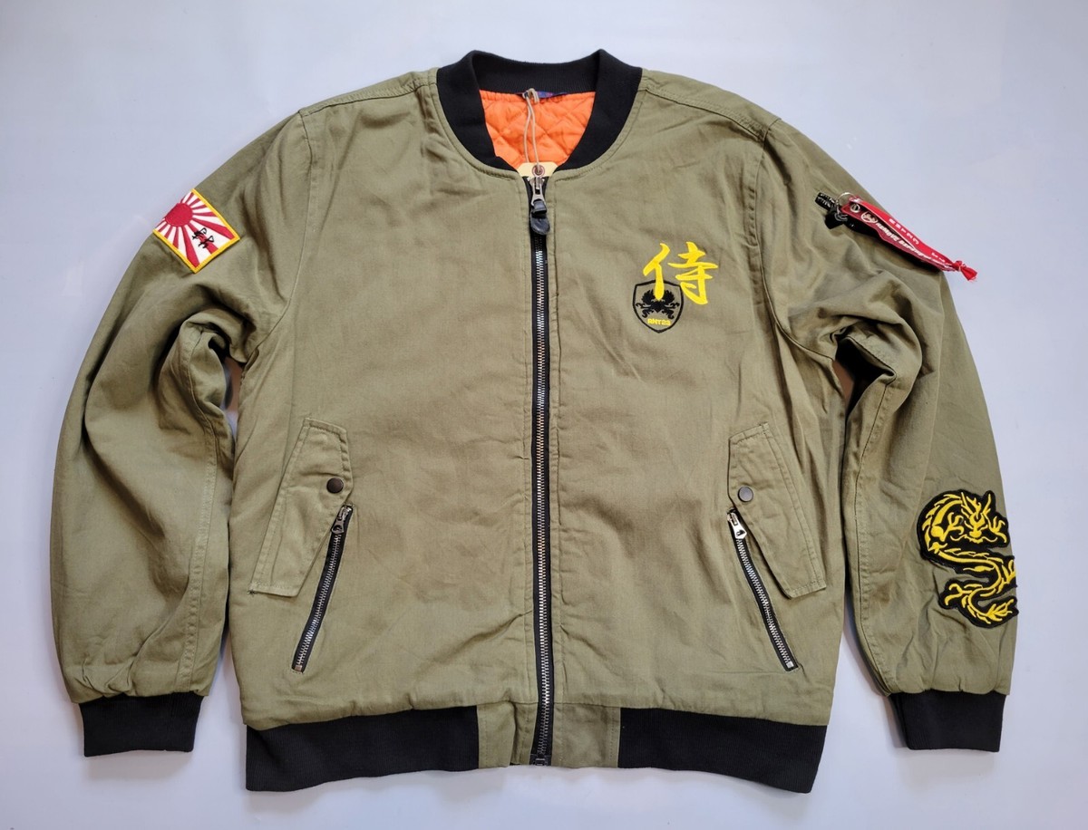 RON TOMSON RNT23 JEANS GREEN FLIGHT BOMBER MILITARY JACKET PATCHES 