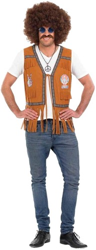 Men's 60s/70s Hippie Peace Retro Fringe Vest Costume – Brown, Size XL, New With Tags