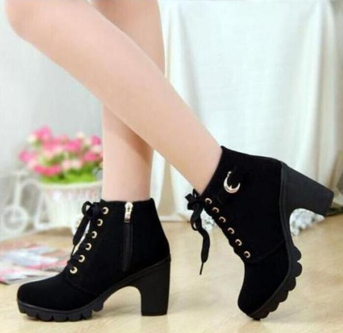 Womens High Block Chunky Heel Boots Wedge Lace Up Platform Ankle Shoes Fashion - Picture 5 of 19