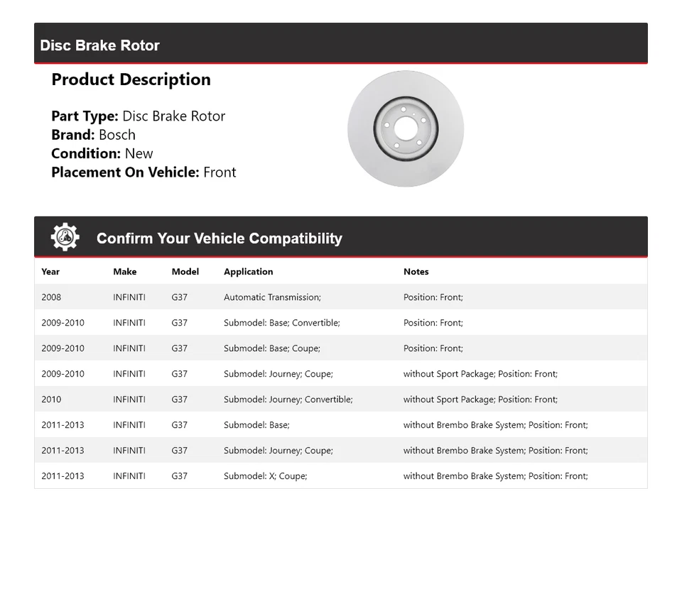 适用于 2008 - 2013 INFINITI G37 Bosch QuietCast 盘式制动转子前 2009 2010 2011 — 第 2/4 张图片