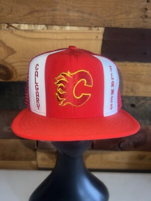 Vintage 80s Calgary Flames NHL Hockey Red colored Snapback Hat AJD Lucky Stripes