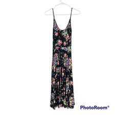 Reformation Skater Dress Black Pink Floral Maxi Stretch Scoop Neck Strap Size XS
