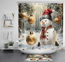 Gold Christmas Ball Winter Funny Snowman Shower Curtain Set for Bathroom Decor