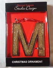 New STUDIO DESIGN Regent square Letter "M" Monogram Ornament Gold Glitter 2023