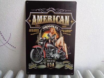 METALLPLATTE AMERICAN MOTO PIN UP 20 X 30 CM KEINE ALTE EMAILLIERTE PLATTE