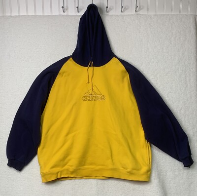 VTG Adidas puff logo Hoodie size XL Yellow Blue pockets sweatshirt Unisex 