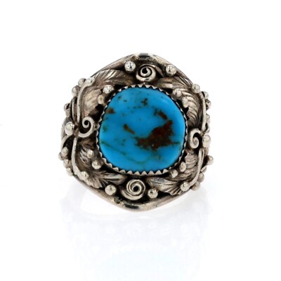 Vtg Navajo 925 Sterling Silver Turquoise Floral Ring Native American Mens 11 1/4