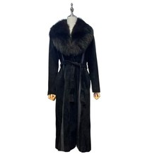 GINZA Kanematsu Real Calfskin Leather Coat Fur Collar Belted Black Size M Japan