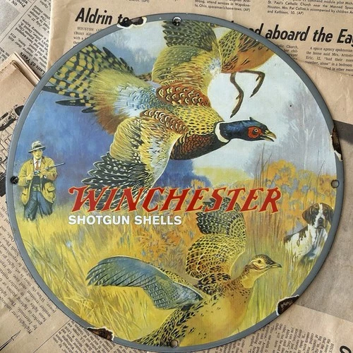 VINTAGE WINCHESTER SHOTGUN SHELLS HUNTING AMMO 12 INCH PORCELAIN ENAMEL SIGN