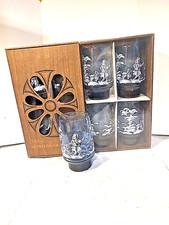 VTG Libbey Smoke Blue Mary Gregory Style Glasses Set Of  8 Boy, Girl, Dog Org Bo