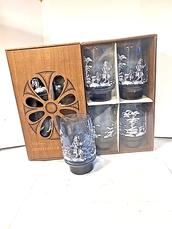 VTG Libbey Smoke Blue Mary Gregory Style Glasses Set Of  8 Boy, Girl, Dog Org Bo