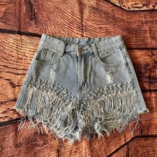 Sequin Fringe Hem Pearl Denim Shorts Women's Size XS