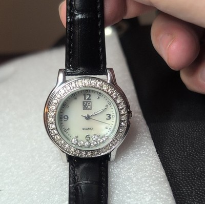 NY&C Quartz Round Wristwatch White Dial Black Leather Band Crystal Bezel