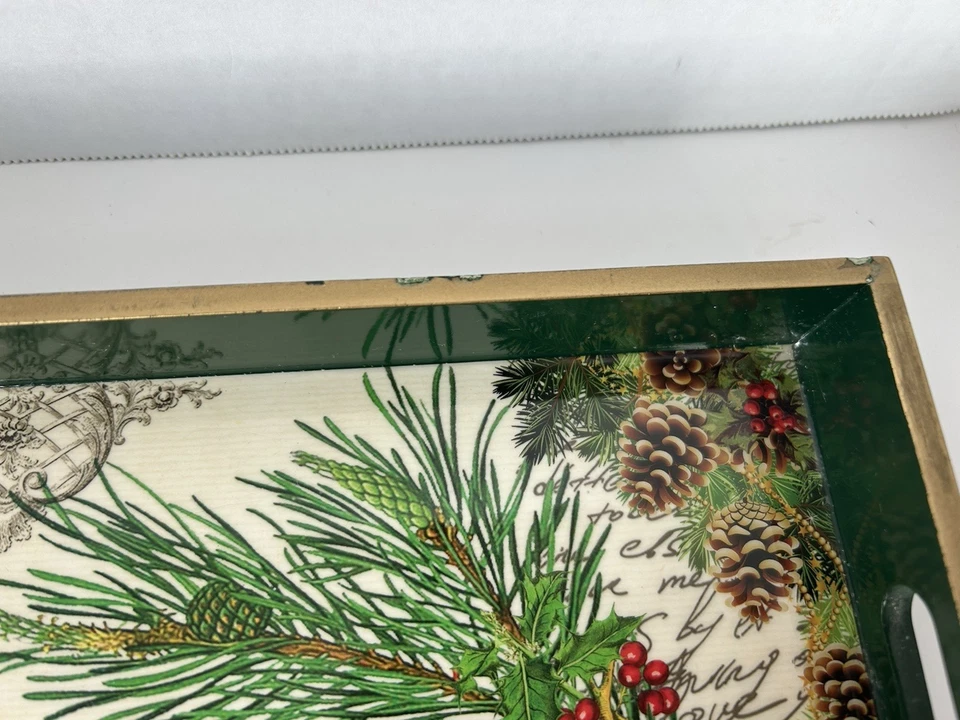 Michel Design Work Wooden Serving Vanity Tray Dark Green Birds Evergreen Holiday - Image 4 of 4