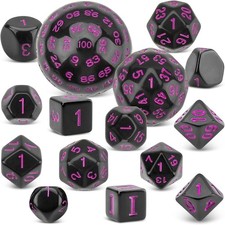 Coyeekn DND Dice 15 Pieces Polyhedral D3-D100 with Black  Purple