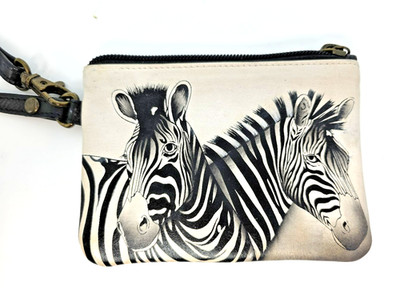 Anuschka Hand Painted Leather Coin Pouch Makeup Bag Zebras Wildlife w Dust Bag