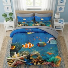 7 Pcs Comforter Set Queen Size, Sea Bedding Set for and Adults, Ocean Fish An...