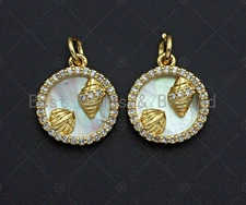 18K Gold CZ Micro Pave Sea Shell Inlay Charm, Mother-of-pearl Seashell Pendant