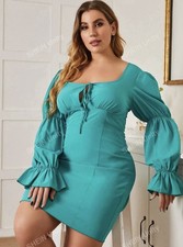 Ladies Mint Blue Gathered Sleeve Flounce Cuff Tie Neck Dress Size 1XL 16- 18