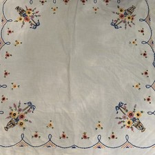 Beautiful Hand Embroidered Square Tablecloth/topper W/ Medallion Edging. 33.5  