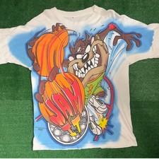 Vintage 1995 AOP Looney Tunes Taz  Jam It  w/ backhit; Cut tag Size Large