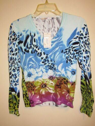 Vertigo Long Sleeves Blue Pink V-Neck Top with Cheetah Print Colorful Flowers, S - Picture 1 of 7