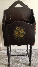 Vintage Magazine Rack/Stand Dark Wood With Flower Design 28” Tall