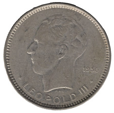 1936 Belgium – Leopold III – 5 Francs Coin – Pre-War Issue