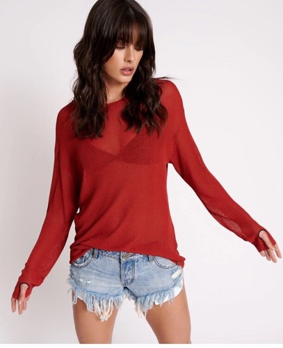 One Teaspoon Rust Red Amity Sheer Ribbed Knit Top Long Sleeve Shirt Size XS - Picture 2 of 13