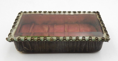 ANTIQUE FRENCH JEWELRY ACCESSORY BOX WITH MINIATURE BEVELED GLASS TOP RED LINING