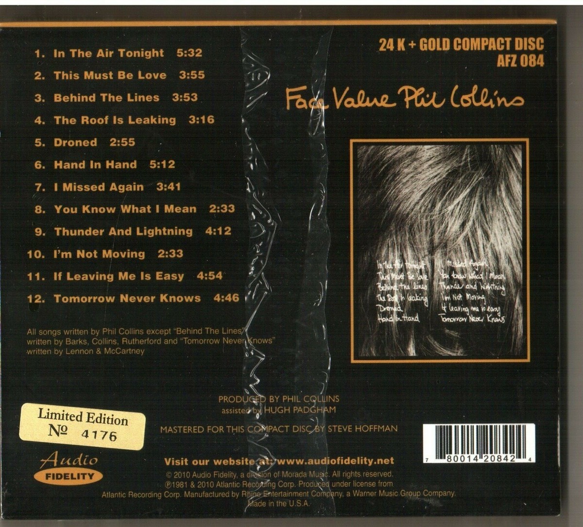 Sealed Audiophile New Audio Fidelity AF Phil Collins Face Value