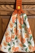 Double hanging kitchen towel Fall autumn pumpkins sunflower crocheted orange top