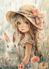 print ACEO Art Card Rabbit Girl Garden Flower Bunny Animal Limited Edition