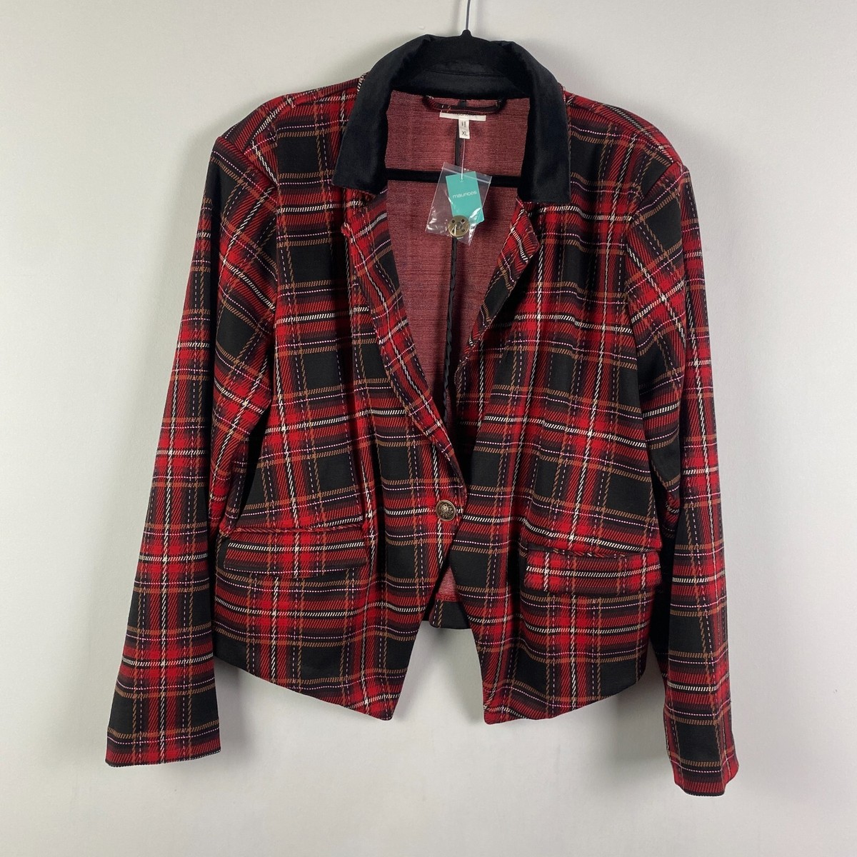 Maurices Tartan Plaid Cropped Blazer Size XL Red Black Plaid