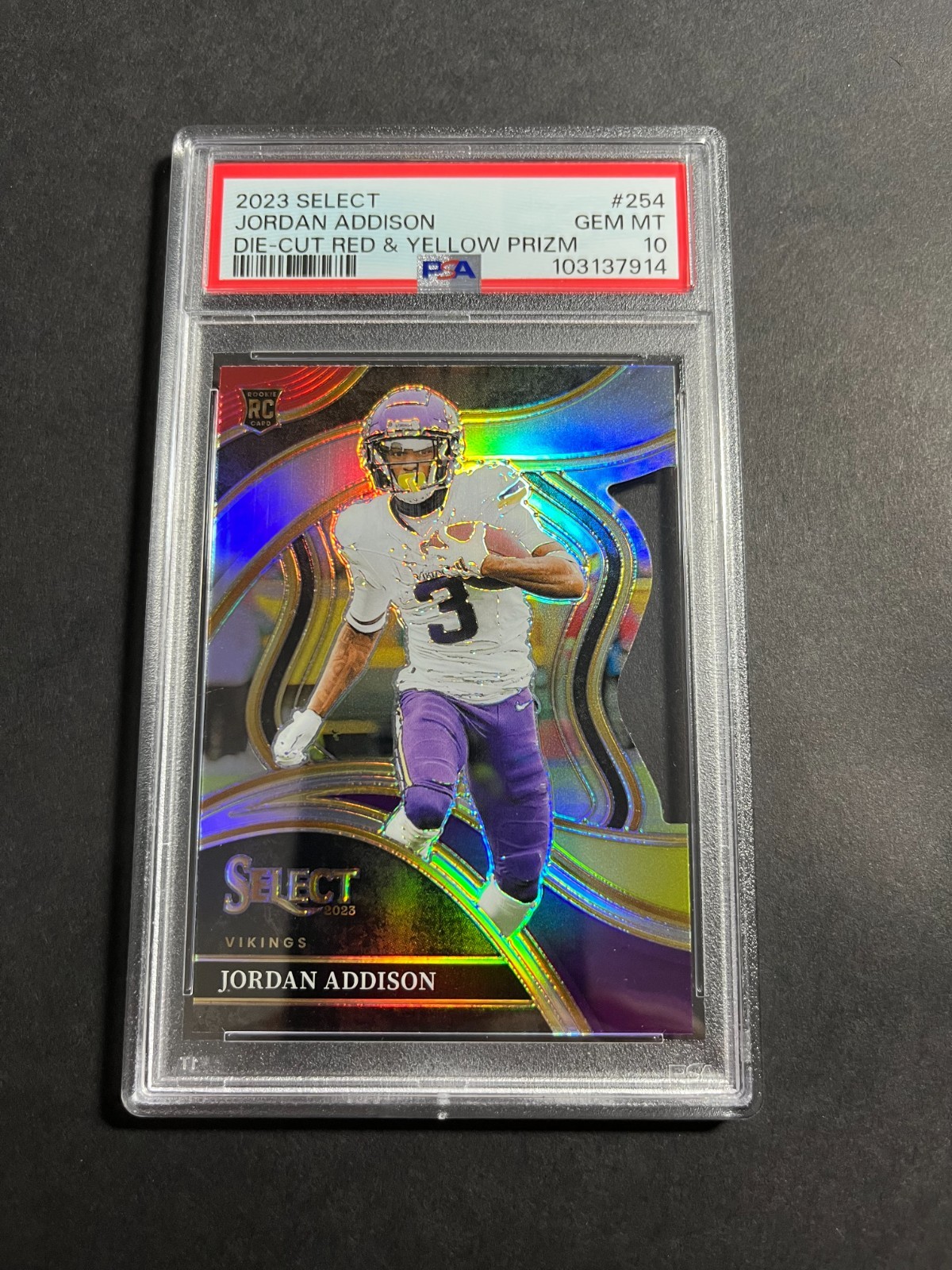 Jordan Addison 2023 Select Die-Cut Red&Yellow Prizm Rookie Card PSA 10