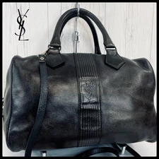 YSL Yves Saint Laurent Leather Boston Handbag Shoulder Crossbody Bag Black Vinta