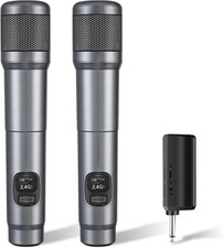 Wireless Microphone, Dual Handheld Dynamic Mic with Rechargeable Silver
