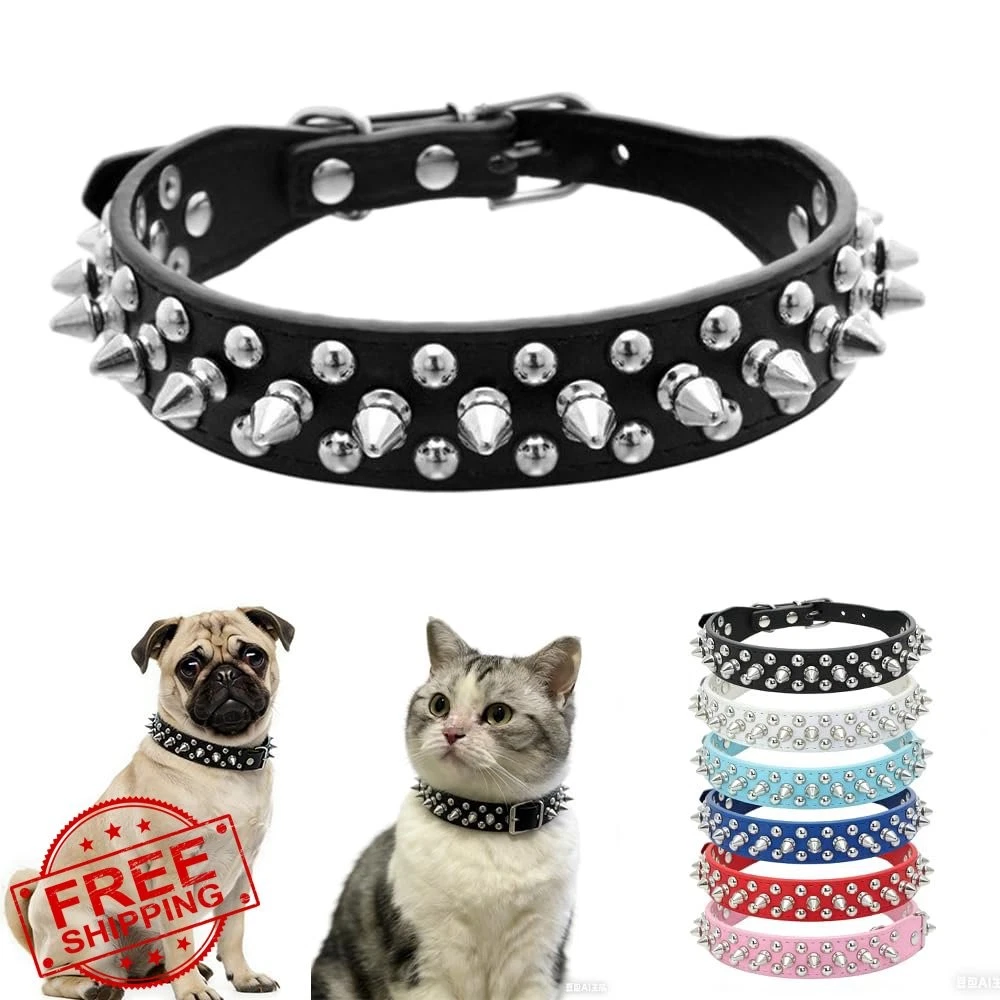 Spiked Dog Collar Black XXS/XS Pu Leather Studded Pet Neckband