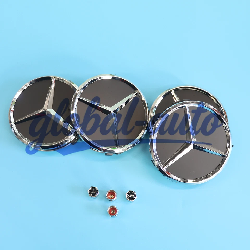 8 Piece BLACK / CHROME Set Fits for AMG Wheel Center Caps & Tire Air Capse - Image 2 of 4