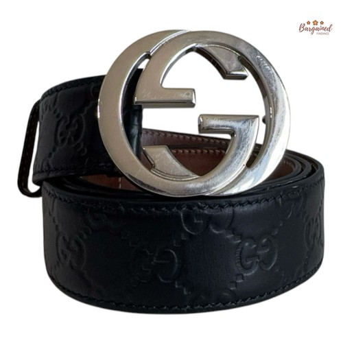 Authentic Gucci Black Guccissima Leather Silver Interlocking Buckle Belt 105/42