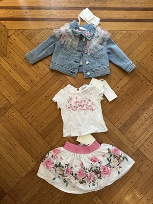 RARE Monnalisa Denim Jacket With Tshirt An Skirt Set NWT  Size 6-9months