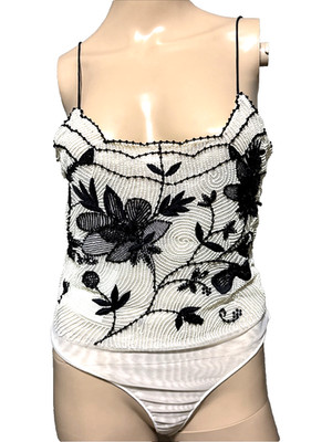 Giorgio Armani Ivory & Black Bead Embroidered Bodysuit Dress Top US 4 6 / IT 42