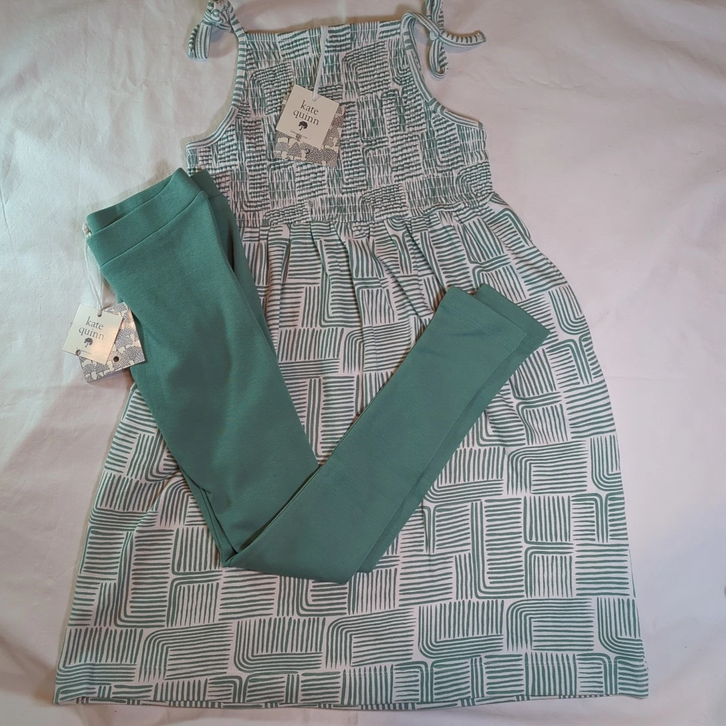 Kate Quinn Girls 8y Organic Cotton Green Spaghetti Strap Dress Matching Leggings